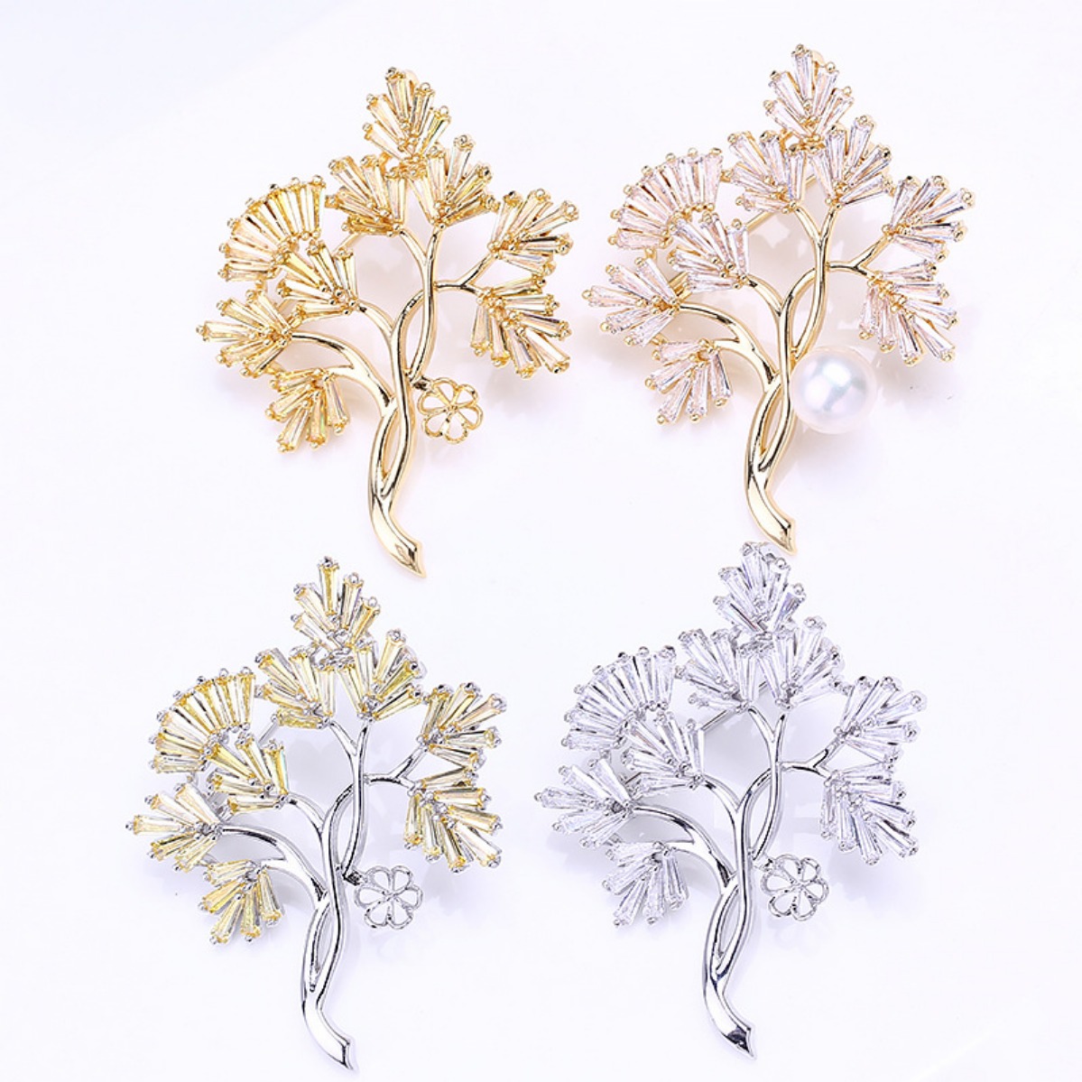 Brooch Pin Gold - ชุดอุปกรณ์ทำเข็มกลัด DIY ลายต้นไม้ ชุบทองเหลือง ฐานเข็มกลัดประดับเพชรสังเคราะห์ ดีไซน์ทันสมัย