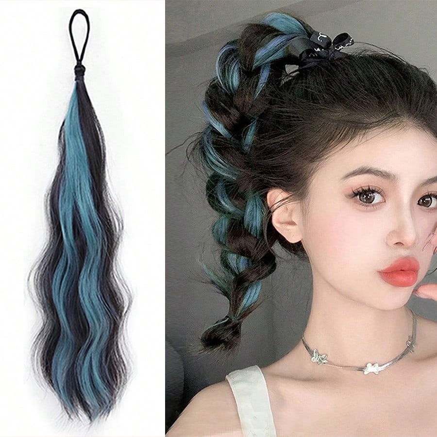 Hair Band Elastic - ผมต่อหางม้าสังเคราะห์แบบลอนยาว 20 นิ้ว พร้อมยางยืดสำหรับมัดผมเป็นเปียสำหรับผู้หญิง เพิ่มความหนาของเส้นผม
