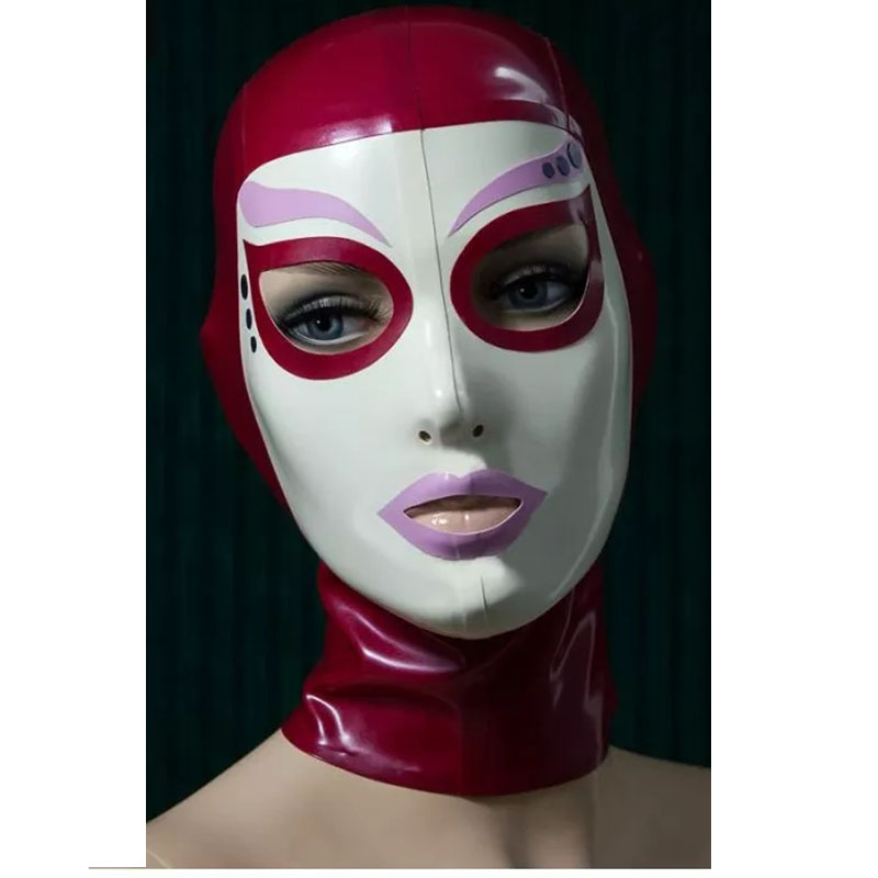 Women'S Red Accessories - หน้ากากยางลาเท็กซ์สีแดงกุหลาบเซ็กซี่ หน้าขาว เปิดตา ปาก มีซิปด้านหลัง