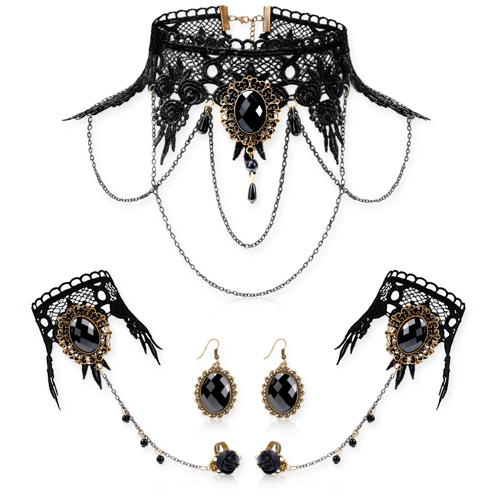 Women'S Victorian Accessories - ชุดเครื่องประดับสไตล์โกธิคแวมไพร์ ประกอบด้วย สร้อยคอแบบโช้กเกอร์ ต่างหู สร้อยข้อมือ และแหวน