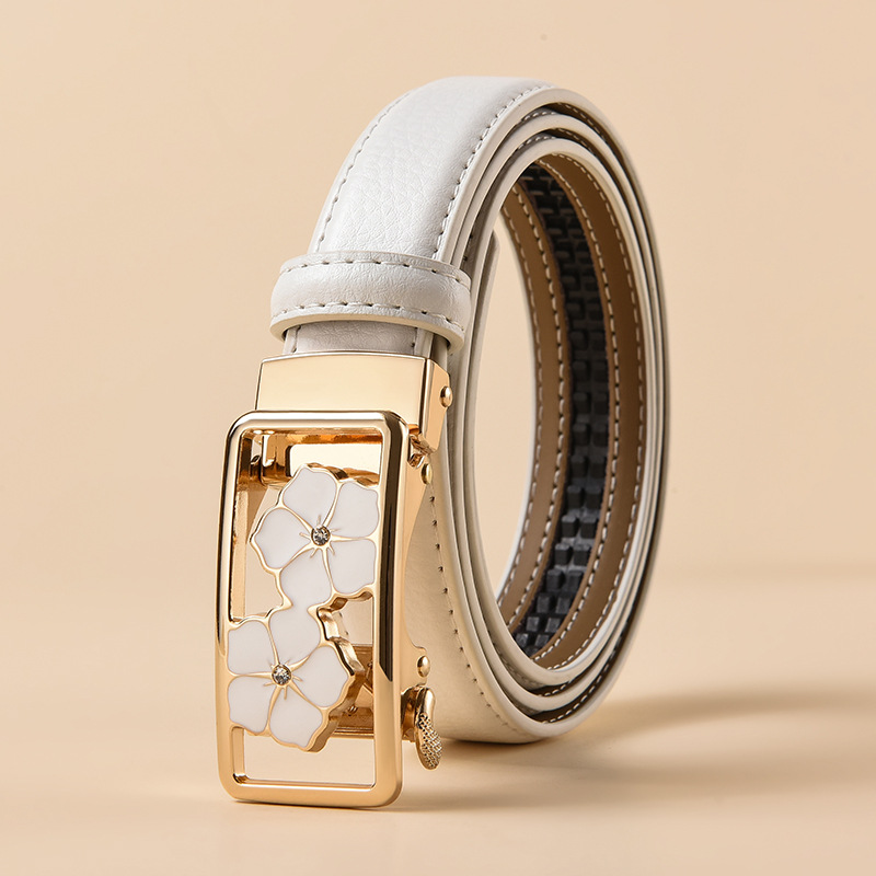 Women'S Jeans Accessories - เข็มขัดหนังผู้หญิงแบบอัตโนมัติ แฟชั่นใหม่ อุปกรณ์เสริมสำหรับกางเกงยีนส์ หัวเข็มขัดรูปดอกไม้ทรงสี่เหลี่ยม เข็มขัดเส้นเล็ก 2.4