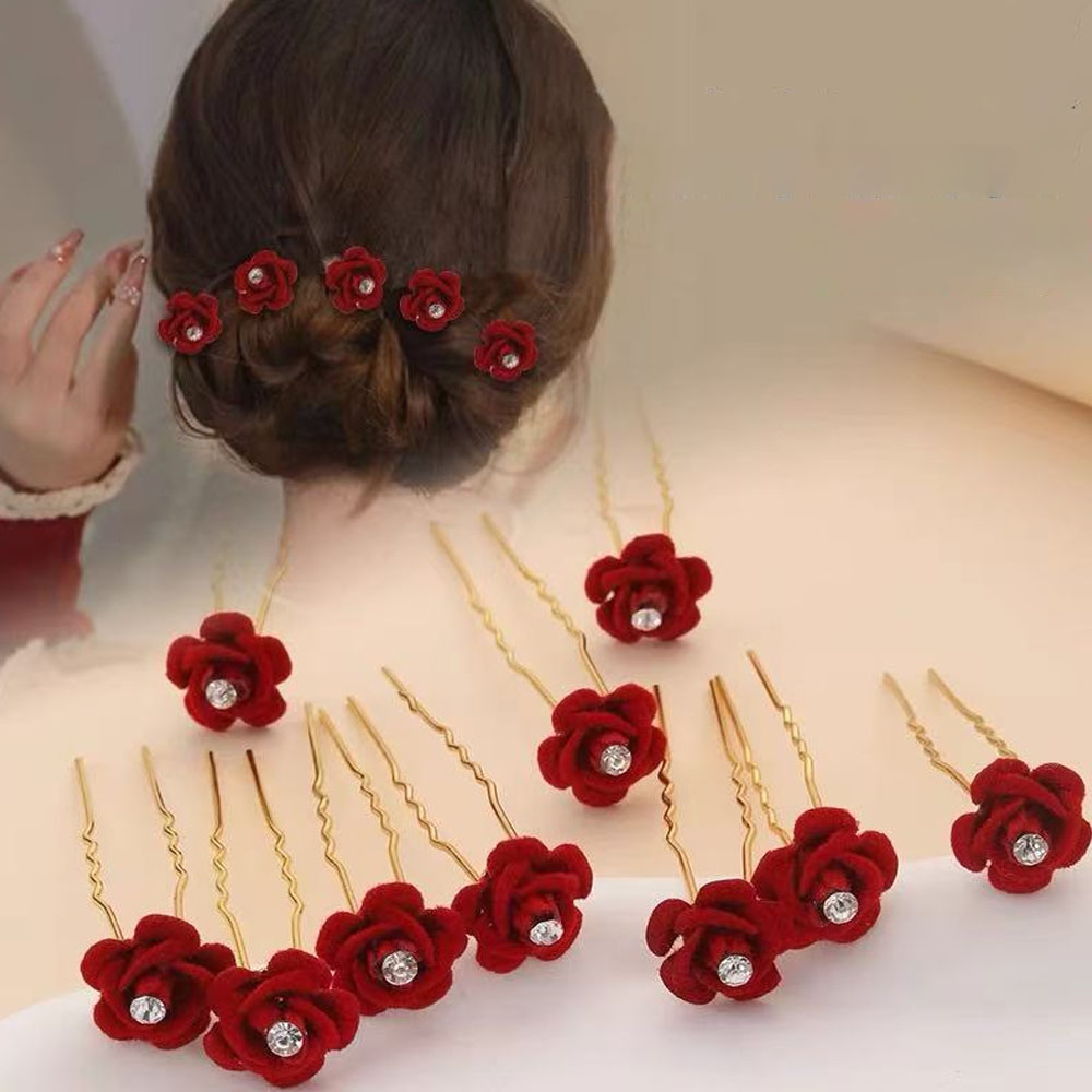 Women'S Red Accessories - 10 ชิ้น Rose อุปกรณ์เสริมผมงานแต่งงานเจ้าสาว Hairpins คลิปผมดอกไม้สีแดงกํามะหยี่คลิปสําหรับผู้หญิง