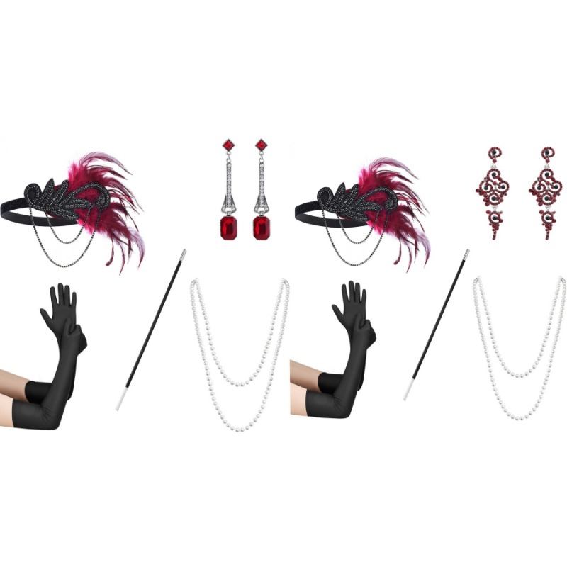 Women'S Accessories In The 1920S - 5ชิ้น1920s dearing UP Ball สวมขนนกคาดศีรษะถุงมือต่างหูสร้อยคอหญิงแฟลปเปอร์สาว Gatsby