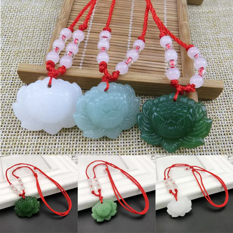 Women Accessories Trending - สร้อยคอจี้ลูกปัดหยกเขียวธรรมชาติรูปดอกบัว เครื่องประดับแฟชั่น แกะสลักด้วยมือ เครื่องรางนำโชคสำหรับผู้หญิง ของขวัญ
