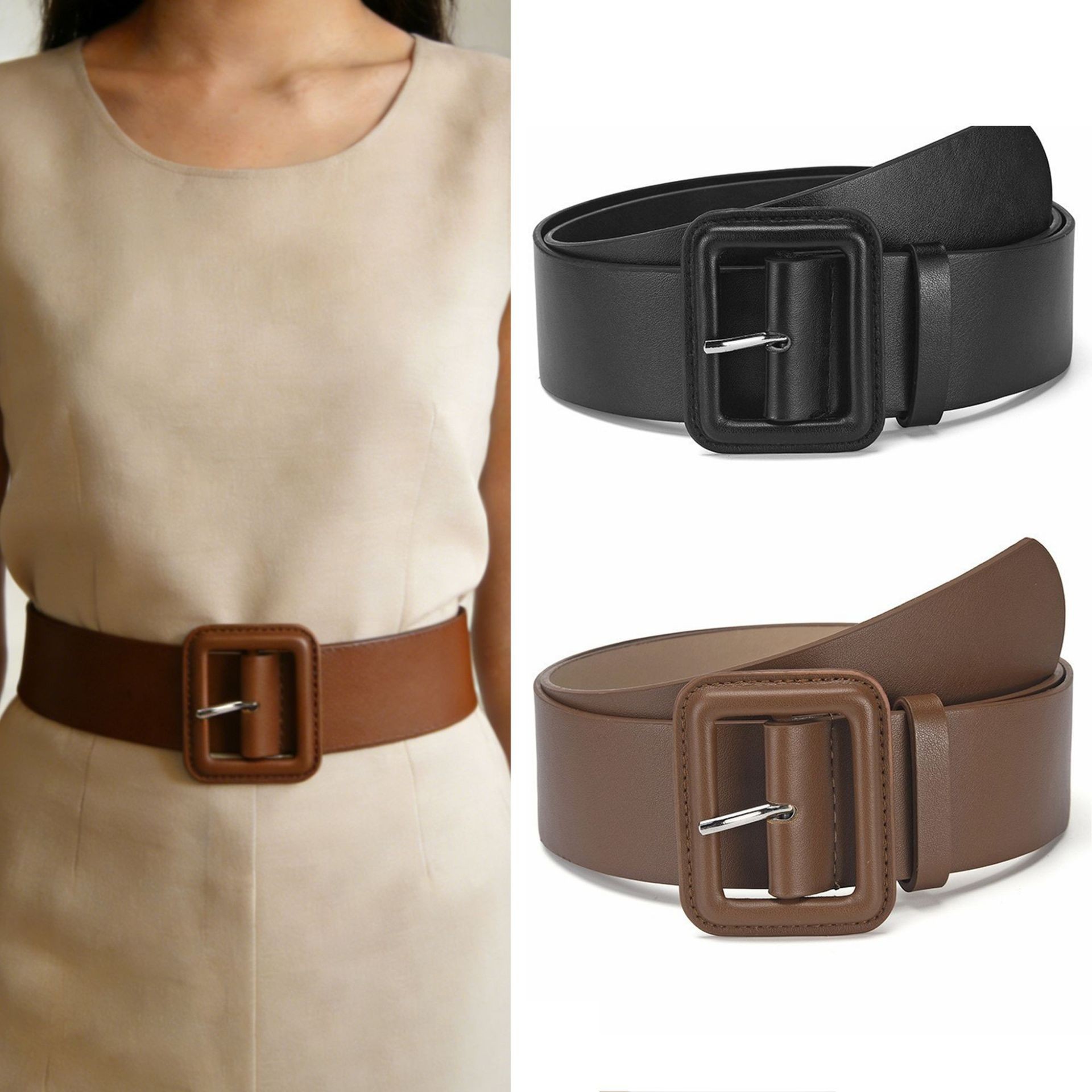 Women'S Jeans Accessories - เข็มขัดแฟชั่นวินเทจสำหรับผู้หญิง เข็มขัดตกแต่งหัวเข็มขัดสี่เหลี่ยม สีลูกกวาด สำหรับกางเกงลำลองและกางเกงยีนส์
