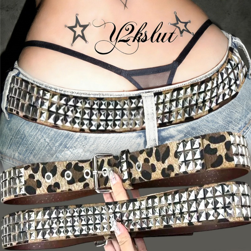Women'S Jeans Accessories - เข็มขัดลายเสือดาว Y2K ประดับหมุดและลูกปัดทรงเหลี่ยม สไตล์เทรนด์ ลายพราง สายคาดเอวสำหรับสาวๆ