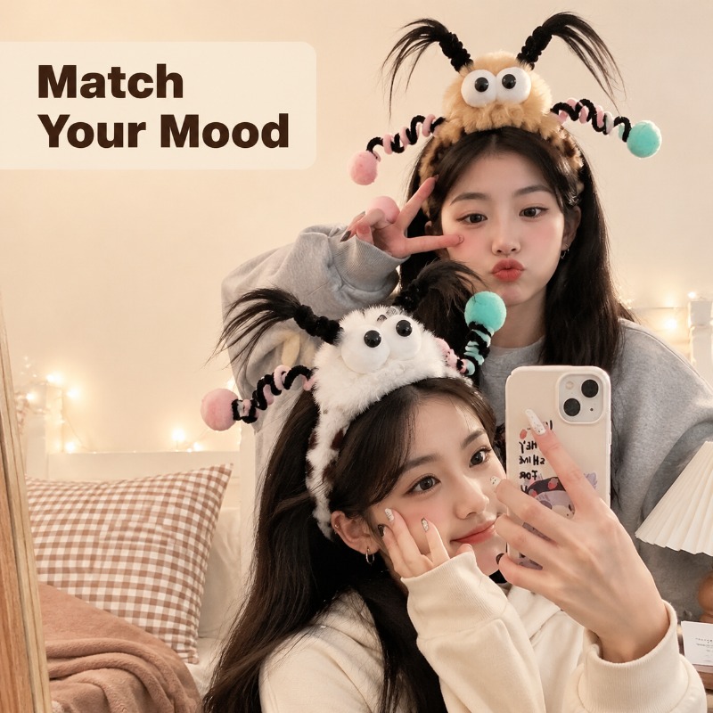 Women Accessories Online - ที่คาดผมขนปุยลายตาสัตว์ประหลาดน่ารัก นุ่ม ไม่ลื่น ที่คาดผมกำมะหยี่สำหรับผู้หญิง แต่งหน้า ล้างหน้า