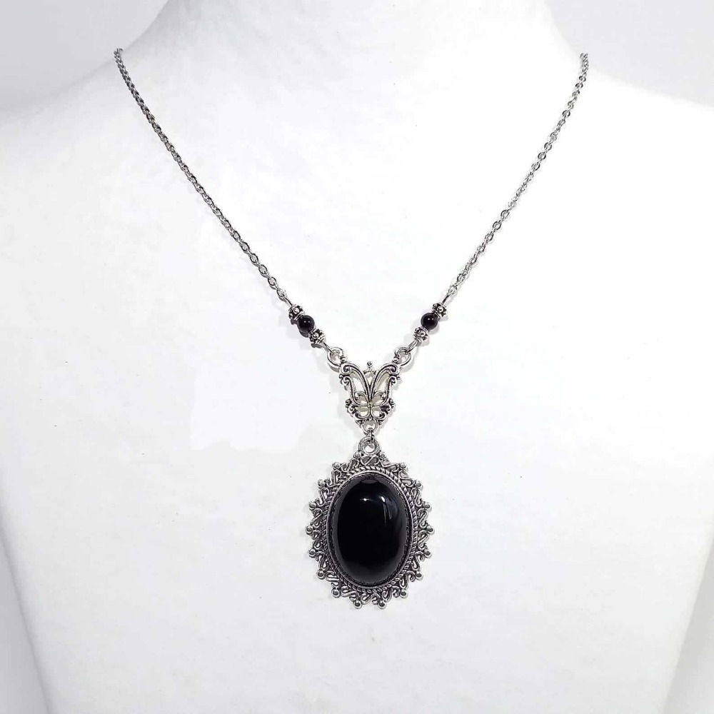 Women'S Victorian Accessories - สร้อยคอจี้รูปไข่ลายลูกไม้สีเงินสไตล์วิคตอเรียนโกธิคประดับด้วยหินอาเกตสีดำธรรมชาติสำหรับผู้ชายและผู้หญิง เหมาะสำหรับฮาโลวีน เครื่องประดับสไตล์แม่มดสุดโรแมนติก