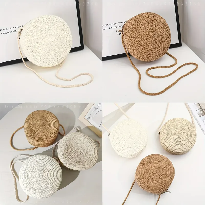 Women Accessories Bag - กระเป๋าสะพายข้างทรงกลมสานจากหวายสำหรับผู้หญิง ทำมือจากฟางถัก กระเป๋าสะพายไหล่ขนาดเล็กสำหรับชายหาด อุปกรณ์เสริมสำหรับวันหยุดฤดูร้อนแบบธรรมชาติ